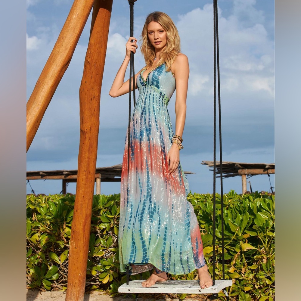 Tie Dye Print Embellished Maxi Dress Sz M